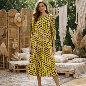 Fenini 100% Cotton Yellow Polka Dot Long Sleeve Midi Dress | Artsy Boho